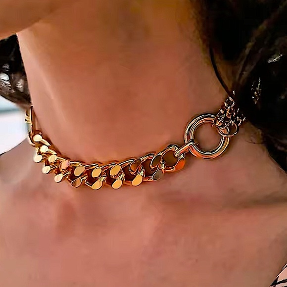 Gold Chain Link O Ring Choker Necklace Statement Cuban Chain Link Gold Plated. - Picture 6 of 9